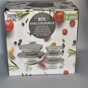 set de 5 bols avec couvercle urban living – verre transparent – conservation et préparation