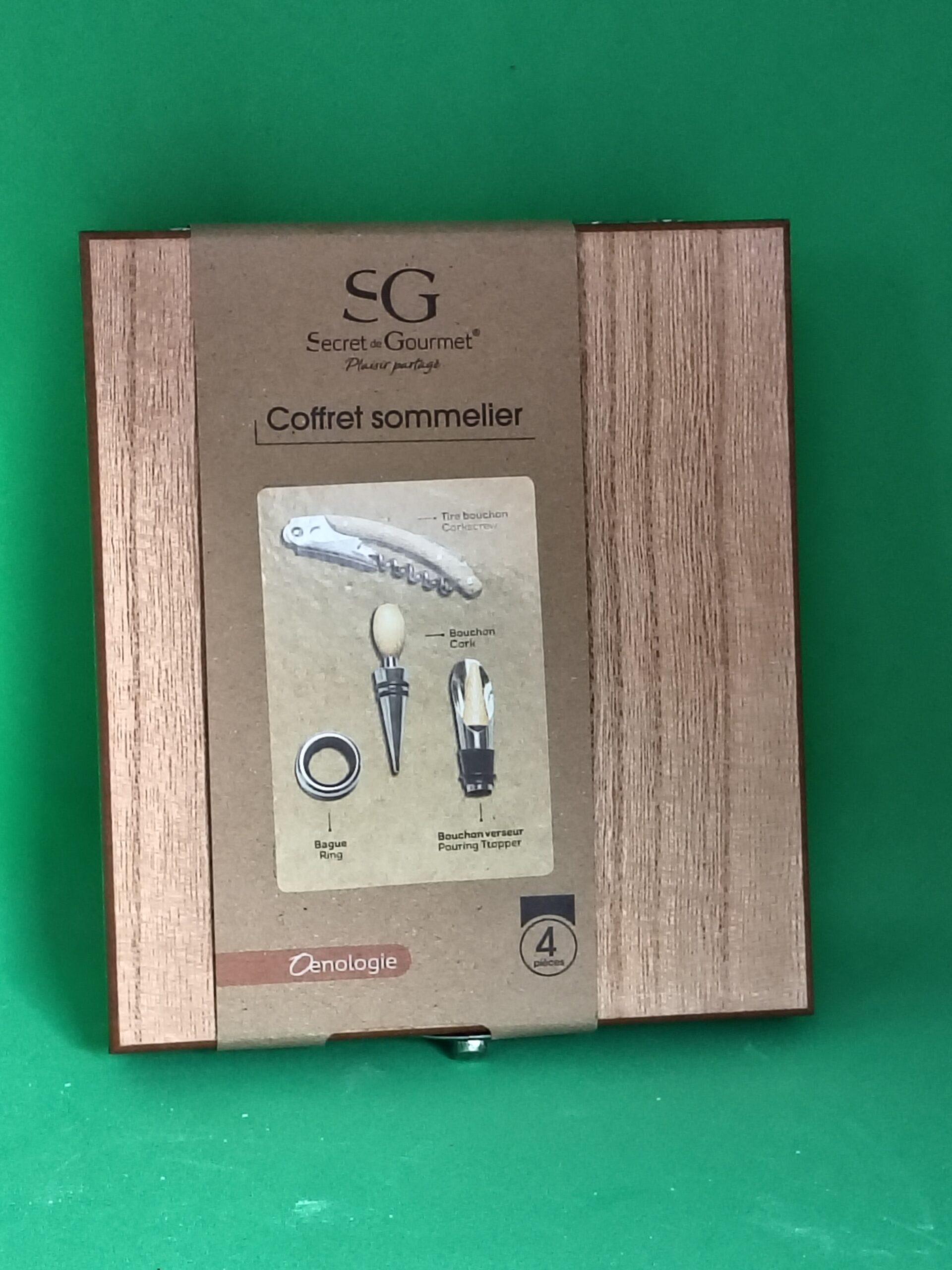 coffret sommelier secret de gourmet – 4 accessoires Œnologie en boîte bois