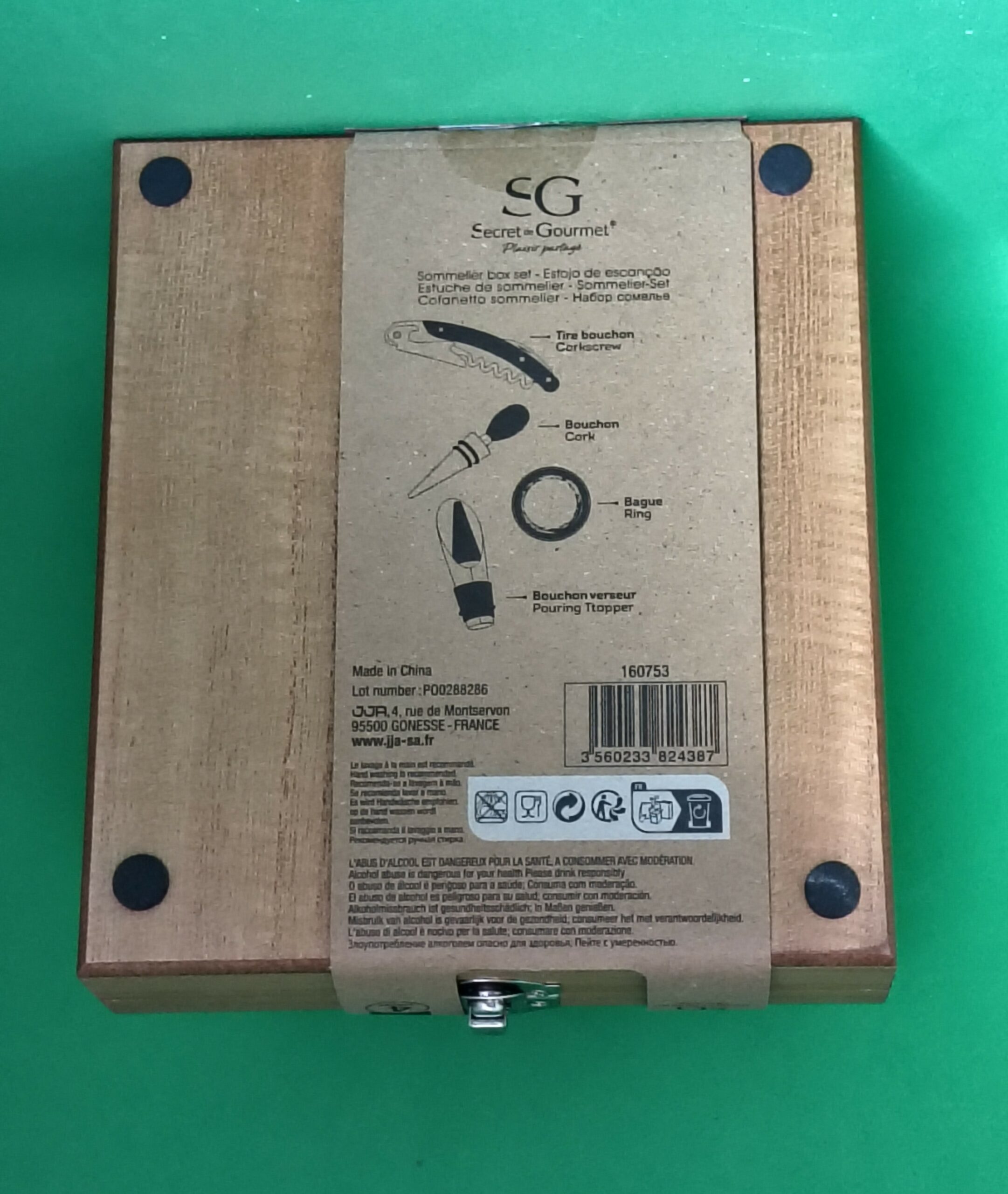 coffret sommelier secret de gourmet – 4 accessoires Œnologie en boîte bois